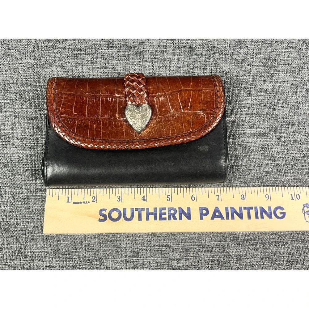 Brighton Leather Wallet Black Cognac Brown Croc Embossed Heart Braided Trim VTG
